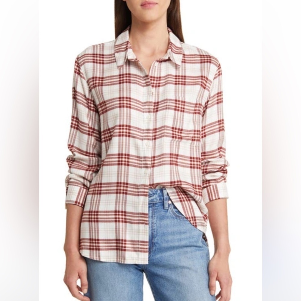 Treasure & Bond Nordstrom Plaid Boyfriend Red/White Button-Up Shirt Sz Small